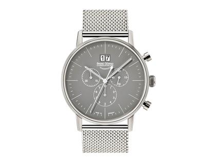 Bruno Söhnle Glashütte Stuttgart     Chrono Big Edelstahl grau Edelstahlband – Herrenuhren Chronograph aus Edelstahl. Das Gehäuse ist rund und silber. Das Edelstahlarmband ist silber. Das Zifferblatt ist ein Index in grau.