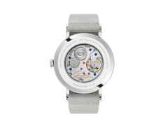Nomos Glashütte Tangente 38 Datum "175 Years Watchmaking - Bubblegum" Handaufzug Edelstahl rosa Zifferblatt graues Textilband Glasboden – Herrenuhren Uhr mit Datum aus Edelstahl. Das Gehäuse ist rund und silber. Das Textilarmband ist grau. Das Zifferblatt ist arabisch Index und rosa. – Ansicht 2