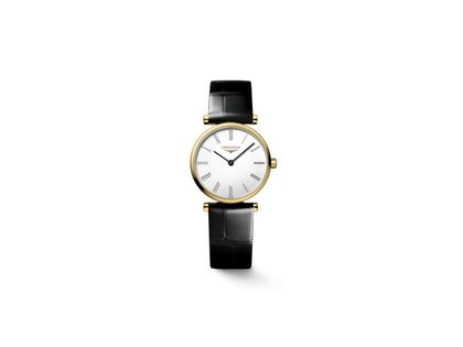 Longines La Grande Classique Quarz Edelstahl Gelbgold-PVD 24mm weißes Zifferblatt schwarzes Lederband – Damenuhren Uhr ohne Datum aus Edelstahl und PVD beschichtet. Das Armband ist ein Lederarmband. Der Zifferblatt ist römisch.