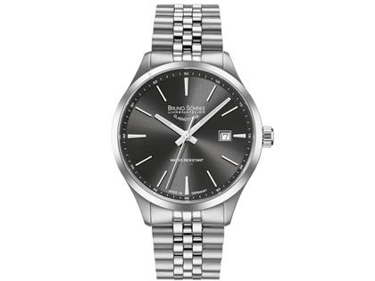 Bruno Söhnle Glashütte Turin II Big Quarz Edelstahl 41mm graues Zifferblatt Metallband – Herrenuhren Uhr mit Datum aus Edelstahl. Das Gehäuse ist rund und silber. Das Edelstahlarmband ist silber. Das Zifferblatt ist ein Index in grau.