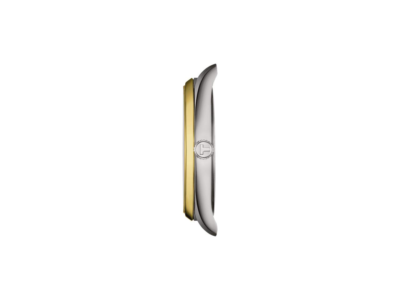 Tissot PR 100 Quarz Edelstahl bicolor 40mm dunkelblaues Zifferblatt Metallband bicolor – Herrenuhren Uhr mit Datum aus Edelstahl und PVD beschichtet. Das Gehäuse ist rund und silber-gelbgold. Das Edelstahlarmband ist silber-gelbgold. Das Zifferblatt ist ein Index in blau. – Ansicht 2