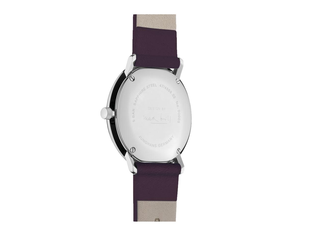 Junghans Max Bill Damen Quarz Edelstahl 32,7mm weißes Zifferblatt rotes Lederband – Damenuhren Uhr mit Datum aus Edelstahl. Das Gehäuse ist rund und silber. Das Lederarmband ist rot. Das Zifferblatt ist arabisch Index und weiß. – Ansicht 2