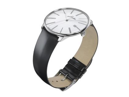 Junghans Meister fein Automatic Edition Erhard Weißgold 39,5mm weißes Zifferblatt schwarzes Lederband – Herrenuhren Uhr mit Datum aus 750 Weißgold. Das Gehäuse ist rund und silber. Das Lederarmband ist schwarz. Das Zifferblatt ist römisch und weiß. – Ansicht 2