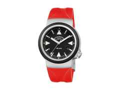 Mühle Glashütte S.A.R. Rescue-Timer Automatik Edelstahl 42mm schwarzes Zifferblatt rotes Kautschukband – Herrenuhren Uhr mit Datum aus Edelstahl und Kautschuk. Das Gehäuse ist rund und silber. Das Kautschuk / Kunststoff / Silikon Armband ist rot. Das Zifferblatt ist ein Index in schwarz.