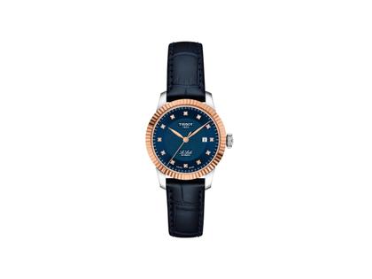 Tissot LeLocle Automatik Edelstahl 29mm blaues Zifferblatt mit Diamanten blaues Lederband – Damenuhren Uhr mit Datum aus 750 Rotgold, Edelstahl und Leder. Das Gehäuse ist rund und silber. Das Lederarmband ist blau. Das Zifferblatt ist ein Index in blau.