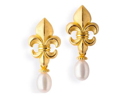 Drachenfels Design Lilienkönigin Ohrstecker groß Lilie gelbgoldplattiert Süßwasserperle – Ohrschmuck Ohrstecker aus 925 Silber.