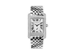 Frederique Constant Classics Carree Small Seconds Quarz Edelstahl mit Brillanten 36x25mm weißes Zifferblatt Metallband – Damenuhren Uhr mit Datum aus Edelstahl. Das Gehäuse ist rechteckig und silber. Das Edelstahlarmband ist silber. Das Zifferblatt ist römisch und weiß.