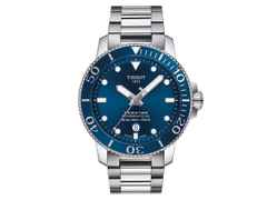 Tissot Seastar 1000  Powermatic 80 dunkelblau – Herrenuhren Uhr mit Datum aus Edelstahl und Keramik. Das Gehäuse ist rund und silber. Das Edelstahlarmband ist silber. Das Zifferblatt ist ein Index in blau.