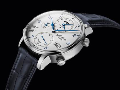 Glashütte Original Senator Cosmopolite Automatik Edelstahl 44mm weißes Zifferblatt blaues Lederband – Ansicht 3