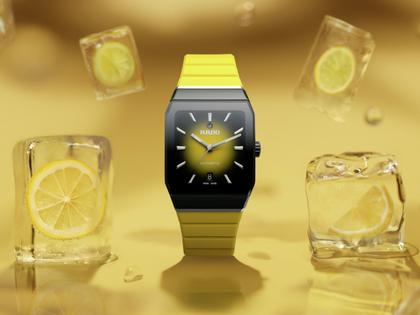 Rado Anatom Automatik Keramik 32,5mm schwarz-gelbes Zifferblatt gelbes Kautschukband – Damenuhren Uhr mit Datum aus Edelstahl, Kautschuk, Keramik und PVD beschichtet. Das Gehäuse ist rechteckig und schwarz. Das Kautschuk / Kunststoff / Silikon Armband ist gelb. Das Zifferblatt ist ein Index in gelb. – Ansicht 6