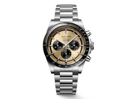 Longines Conquest Chronograph Automatik Edelstahl 42mm braunes Zifferblatt Metallband – Herrenuhren Chronograph aus Edelstahl und Keramik. Das Gehäuse ist rund und silber. Das Edelstahlarmband ist silber. Das Zifferblatt ist ein Index in braun.