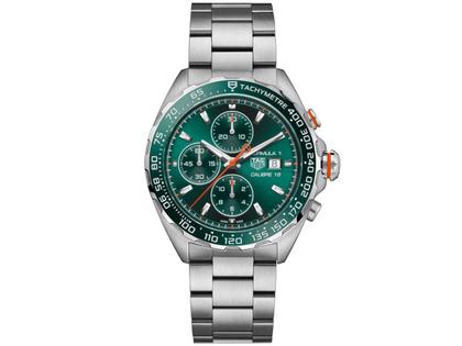 TAG Heuer Formula 1 Chronograph Automatik Edelstahl 44mm grünes Zifferblatt Metallband – Herrenuhren Chronograph aus Edelstahl und Keramik. Das Gehäuse ist rund und silber. Das Edelstahlarmband ist silber. Das Zifferblatt ist ein Index in grün.