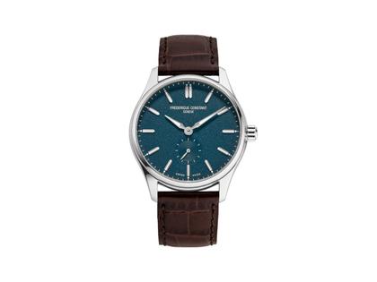 Frederique Constant Classics Automatik Edelstahl 39mm blaues Zifferblatt braunes Lederband – Herrenuhren Uhr mit Datum aus Edelstahl und Leder. Das Gehäuse ist rund und silber. Das Lederarmband ist braun. Das Zifferblatt ist ein Index in blau.