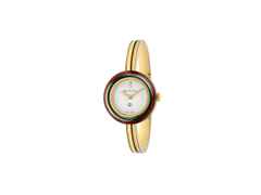 Gucci Play Quarz Edelstahl Gelbgold-PVD 28mm weißes Zifferblatt goldfarbene Armspange – Damenuhren Uhr ohne Datum aus Edelstahl, Keramik und PVD beschichtet. Das Gehäuse ist rund und gelbgold. Das Edelstahlarmband ist gelbgold. Das Zifferblatt ist ein Index in weiß.