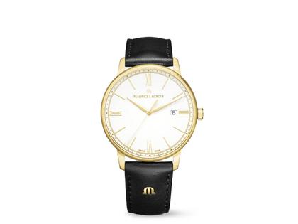 Herrenuhren Uhr mit Datum aus Edelstahl und PVD beschichtet. Das Gehäuse ist rund und gelbgold. Das Lederarmband ist schwarz. Das Zifferblatt ist römisch Index und weiß.