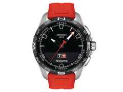 Tissot T-Touch Connect Solar Titanium rotes Silikonband – Herrenuhren Chronograph aus Titan. Das Gehäuse ist rund und silber. Das Kautschuk / Kunststoff / Silikon Armband ist rot. Das Zifferblatt ist digital und schwarz.
