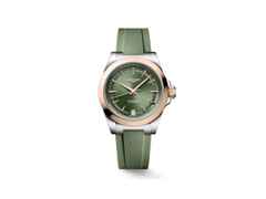 Longines Conquest Automatik Edelstahl 34mm grünes Zifferblatt grünes Kautschukband – Damenuhren Uhr mit Datum aus 750 Rotgold und Edelstahl. Das Gehäuse ist rund und silber. Das Kautschuk / Kunststoff / Silikon Armband ist grün. Das Zifferblatt ist ein Index in grün.