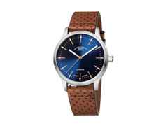 Mühle Glashütte Panova Blau Automatik Edelstahl 40mm braunes Lederband – Herrenuhren Uhr ohne Datum aus Edelstahl und Leder. Das Gehäuse ist rund und silber. Das Lederarmband ist braun. Das Zifferblatt ist ein Index in blau.