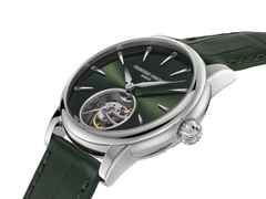 Frederique Constant Classic Tourbillon Manufacture Limited Edition Automatik Edelstahl 39mm grünes Zifferblatt grünes Lederband – Herrenuhren Uhr ohne Datum aus Edelstahl. Das Gehäuse ist rund und silber. Das Lederarmband Kroko / Alligator ist grün. Das Zifferblatt ist ein Index in grün. – Ansicht 2
