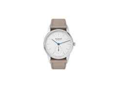 Nomos Glashütte Orion 33 Handaufzug Edelstahl 33mm weißes Zifferblatt braunes Lederband – Damenuhren Uhr ohne Datum aus Edelstahl und Leder. Das Gehäuse ist rund und silber. Das Lederarmband ist beige. Das Zifferblatt ist ein Index in weiß.