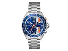 TAG Heuer Formula 1 Chronograph X Gulf Quarz Edelstahl 43mm blaues Zifferblatt Metallband – Herrenuhren Chronograph aus Aluminium und Edelstahl. Das Gehäuse ist rund und silber. Das Edelstahlarmband ist silber. Das Zifferblatt ist arabisch Index und blau.