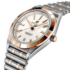 Breitling Chronomat Automatic 36 Edelstahl weißes Zifferblatt zweifarbiges Metallband – Damenuhren Uhr mit Datum aus 750 Rotgold und Edelstahl. Das Gehäuse ist rund und silber-roségold. Das Edelstahlarmband mit Gold ist silber-roségold. Das Zifferblatt ist ein Index in weiß. – Ansicht 3