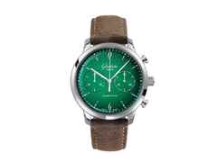 Glashütte Original Sixties Chronograph Automatik Edelstahl 42mm grünes Zifferblatt braunes Lederband – Herrenuhren Chronograph aus Edelstahl. Das Gehäuse ist rund und silber. Das Lederarmband ist braun. Das Zifferblatt ist arabisch Index und grün.