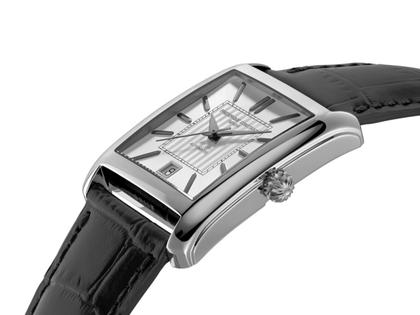 Frederique Constant Classics Carree Automatic Edelstahl silbernes Zifferblatt schwarzes Lederband – Herrenuhren Uhr mit Datum aus Edelstahl und Leder. Das Gehäuse ist rechteckig und silber. Das Lederarmband ist schwarz. Das Zifferblatt ist ein Index in silber. – Ansicht 3