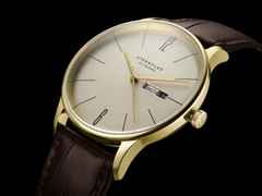 Sternglas Berlin Quarz Edelstahl Gelbgold-PVD 38mm beiges Zifferblatt braunes Lederband – Herrenuhren Uhr mit Datum aus Edelstahl, Leder und PVD beschichtet. Das Gehäuse ist rund und gelbgold. Das Lederarmband ist braun. Das Zifferblatt ist arabisch Index und beige. – Ansicht 5