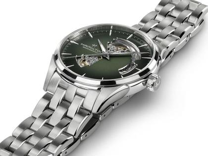 Hamilton Jazzmaster Open Heart Automatik Edelstahl 42mm grünes Zifferblatt Metallband – Herrenuhren Uhr ohne Datum aus Edelstahl. Das Gehäuse ist rund und silber. Das Edelstahlarmband ist silber. Das Zifferblatt ist ein Index in grün. – Ansicht 2