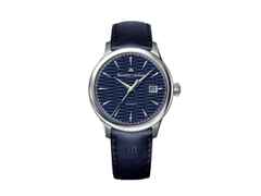 Maurice Lacroix 1975 Legacy Vagues Du Jura Date Automatik Edelstahl 40mm blaues Zifferblatt blaues Lederband limitiert – Herrenuhren Uhr mit Datum aus Edelstahl und Leder. Das Gehäuse ist rund und silber. Das Edelstahlarmband ist blau. Das Zifferblatt ist ein Index in blau.