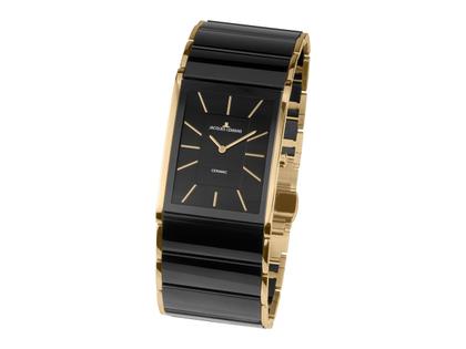 Jacques Lemans Quarz Dublin  rechteckig Keramik schwarz  IP gelb Edelstahl schwarz Edelstahlband – Damenuhren Uhr ohne Datum aus Edelstahl, IP beschichtet und Keramik. Das Gehäuse ist rechteckig und gelbgold. Das vergoldetes Edelstahlarmband ist schwarz. Das Zifferblatt ist ein Index in schwarz.