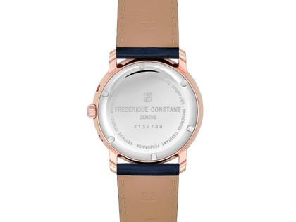 Frederique Constant Classics Index Business Timer Quarz Edelstahl roségold 40mm blaues Zifferblatt blaues Lederband – Herrenuhren Uhr mit Datum aus Edelstahl, Leder, PVD beschichtet und vergoldet. Das Gehäuse ist rund und roségold. Das Lederarmband ist blau. Das Zifferblatt ist ein Index in blau. – Ansicht 3