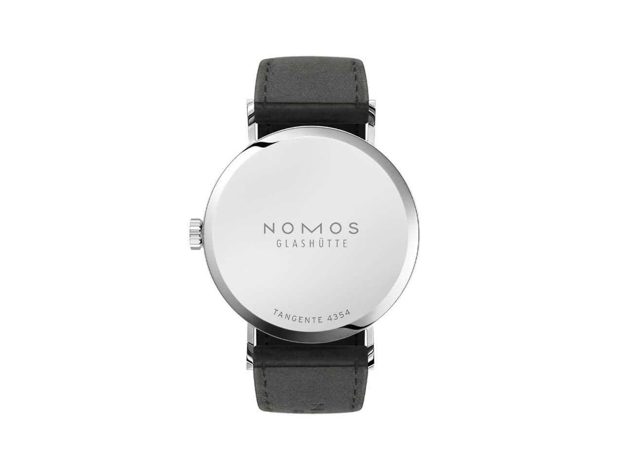 Nomos Glashütte Tangente 35 neomatik Platingrau Automatik Edelstahl 35mm graues Zifferblatt schwarzes Lederband Stahlboden – Damenuhren Uhr ohne Datum aus Edelstahl. Das Gehäuse ist rund und silber. Das Lederarmband ist schwarz. Das Zifferblatt ist arabisch Index und silber. – Ansicht 2