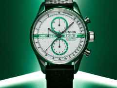 Union Glashütte Viro Chronograph Silvretta Classic 2022 Limited Edition Automatik Edelstahl 44mm weiß-grünes Zifferblatt schwarzes Lederband – Herrenuhren Chronograph aus Edelstahl. Das Gehäuse ist rund und silber. Das Lederarmband ist schwarz. Das Zifferblatt ist ein Index in grün. – Ansicht 5