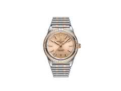Breitling Chronomat Automatic 36 Edelstahl roségoldfarbenes Zifferblatt mit Brillanten zweifarbiges Metallband – Damenuhren Uhr mit Datum aus Edelstahl. Das Gehäuse ist rund und silber-roségold. Das Edelstahlarmband mit Gold ist silber-roségold. Das Zifferblatt ist ein Index in roségold.
