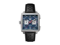 TAG Heuer Monaco Chronograph Automatik Titan 39mm blaues Zifferblatt schwarzes Lederband – Herrenuhren Chronograph aus Titan. Das Gehäuse ist quadratisch und grau. Das Lederarmband ist schwarz. Das Zifferblatt ist ein Index in blau.