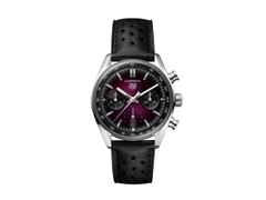 TAG Heuer Carrera Chronograph Automatik Edelstahl 39mm violettes Zifferblatt schwarzes Lederband – Herrenuhren Chronograph aus Edelstahl. Das Gehäuse ist rund und silber. Das Lederarmband ist schwarz. Das Zifferblatt ist ein Index in lila.