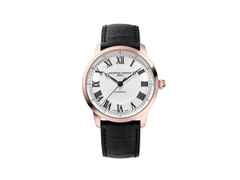 Frederique Constant Classics Automatik Edelstahl Roségold-PVD 39mm weißes Zifferblatt schwarzes Lederband limitiert – Herrenuhren Uhr ohne Datum aus Edelstahl, Leder und PVD beschichtet. Das Gehäuse ist rund und roségold. Das Lederarmband ist schwarz. Das Zifferblatt ist römisch und weiß.