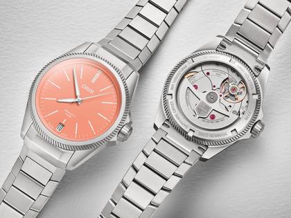 Oris Pro Pilot X Calibre 400 Automatik Titan 39mm lachsfarbenes Zifferblatt Metallband – Herrenuhren Uhr mit Datum aus Titan. Das Gehäuse ist rund und silber. Das Titanarmband ist silber. Das Zifferblatt ist ein Index in rosa. – Ansicht 4