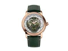 Frederique Constant Classic Worldtimer GMT Manufacture Automatik Roségold 42mm weißes Zifferblatt grünes Lederband limitiert – Herrenuhren Uhr mit Datum aus 750 Rotgold und Leder. Das Gehäuse ist rund und roségold. Das Lederarmband Kroko / Alligator ist grün. Das Zifferblatt ist ein Index in grün.