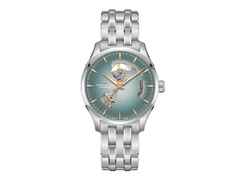 Hamilton Jazzmaster Open Heart Automatik Edelstahl 40mm hellblaues Zifferblatt Metallband – Herrenuhren Uhr ohne Datum aus Edelstahl. Das Gehäuse ist rund und silber. Das Edelstahlarmband ist silber. Das Zifferblatt ist ein Index in blau.