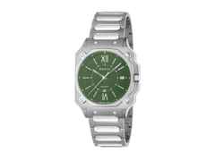 Gucci G-Flat Automatik Edelstahl 36mm grünes Zifferblatt Metallband YA166404 – Herrenuhren Uhr mit Datum aus Edelstahl. Das Gehäuse ist rechteckig und silber. Das Edelstahlarmband ist silber. Das Zifferblatt ist römisch Index und grün.