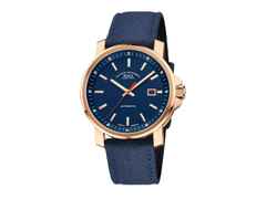 Mühle Glashütte 29er Big Bronze Edition 1994 Automatik 42,4mm blaues Zifferblatt blaues Canvasband – Herrenuhren Uhr mit Datum aus Edelstahl. Das Gehäuse ist rund und roségold. Das Textilarmband ist blau. Das Zifferblatt ist ein Index in weiß.