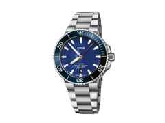 Oris Aquis Date Sun Wukong Limited Edition Automatik Edelstahl 41,5mm blaues Zifferblatt Metallband – Herrenuhren Uhr mit Datum aus Edelstahl und Keramik. Das Gehäuse ist rund und silber. Das Edelstahlarmband ist silber. Das Zifferblatt ist ein Index in blau.