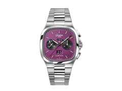 Glashütte Original Seventies Chronograph Panoramadatum Plasma Limited Edition Automatik Edelstahl 40mm violettes Zifferblatt Metallband – Herrenuhren Chronograph aus 585 Weißgold und Edelstahl. Das Gehäuse ist quadratisch und silber. Das Edelstahlarmband ist silber. Das Zifferblatt ist ein Index in lila.
