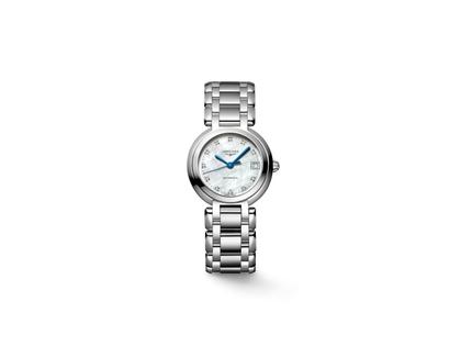 Longines PrimaLuna Automatik Edelstahl 27mm Perlmutt-Zifferblatt mit Brillanten Metallband – Damenuhren Uhr mit Datum aus Edelstahl. Das Armband ist ein Edelstahlarmband. Der Zifferblatt ist ein Index.