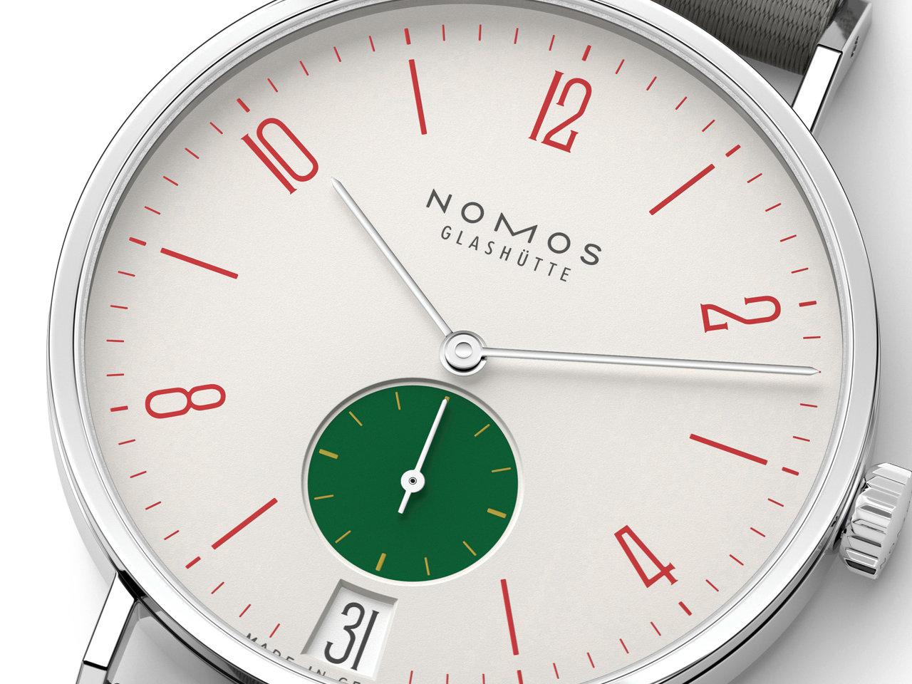 Nomos Glashütte Tangente 38 Datum "175 Years Watchmaking - Go" Handaufzug Edelstahl cremeweißes Zifferblatt graues Textilband Glasboden – Herrenuhren Uhr mit Datum aus Edelstahl. Das Gehäuse ist rund und silber. Das Textilarmband ist grau. Das Zifferblatt ist arabisch Index und beige. – Ansicht 3