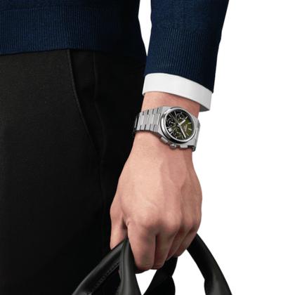 Tissot PRX Chronograph Automatik Edelstahl 42mm grünes Zifferblatt Metallband – Herrenuhren Chronograph aus Edelstahl. Das Gehäuse ist rund und silber. Das Edelstahlarmband ist silber. Das Zifferblatt ist ein Index in grün. – Ansicht 6