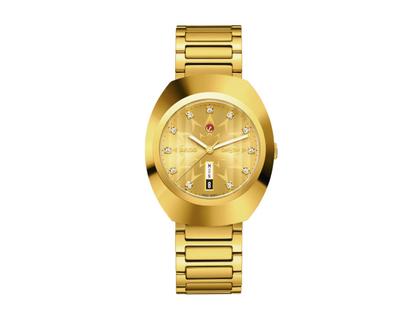 Herrenuhren Uhr mit Datum aus Edelstahl, Keramik und PVD beschichtet. Das Gehäuse ist oval und gelbgold. Das Edelstahlarmband ist gelbgold. Das Zifferblatt ist ein Index in gelbgold.